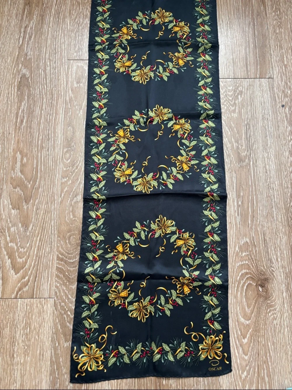 Vintage Oscar de la Renta silk scarf, Holiday/Christmas Wreath/Bell 11.5” x 53”